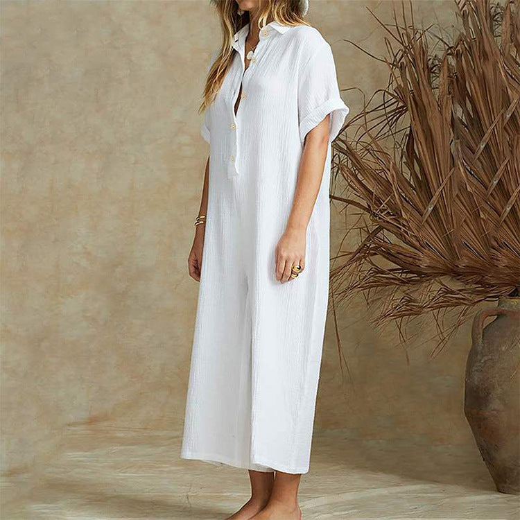 Casual Loose Long Jumpsuit Short Sleeve Rompers - cas7m