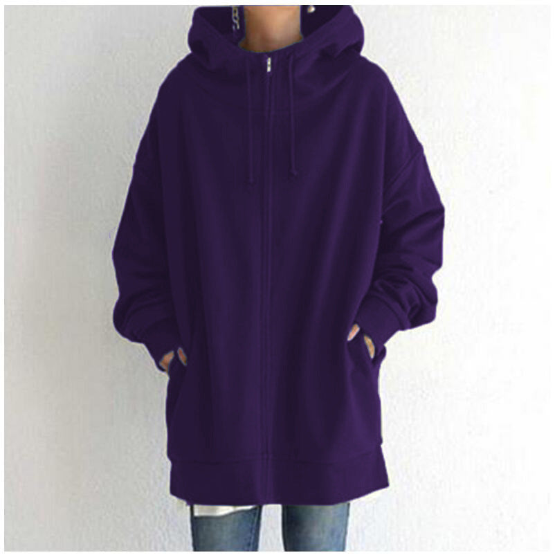 Oversized S-5XL Women Loose Hooded Coats Autumn Female Tie Collar Long Sleeve Zipper Up Add Velvet Long Sweatshirt - cas7m