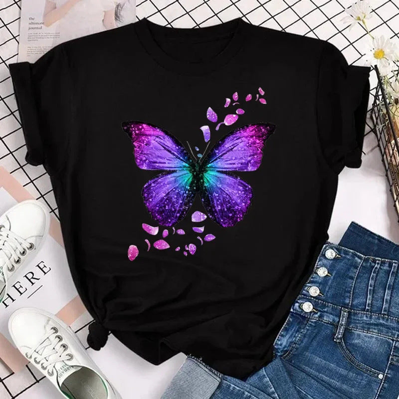 Colorized Butterfly Petal Printed T-shirt Short Sleeve Round Neck - cas7m