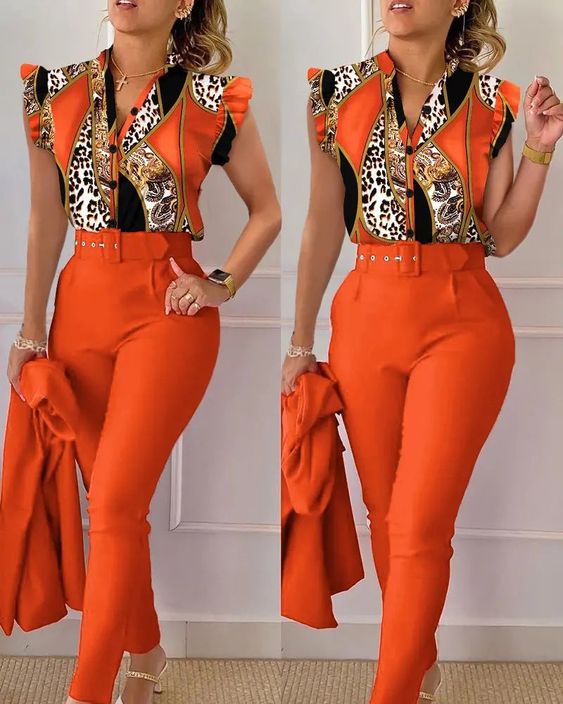 Printed Ruffle Sleeve Top Solid Color Pants Suit With Belt - cas7m