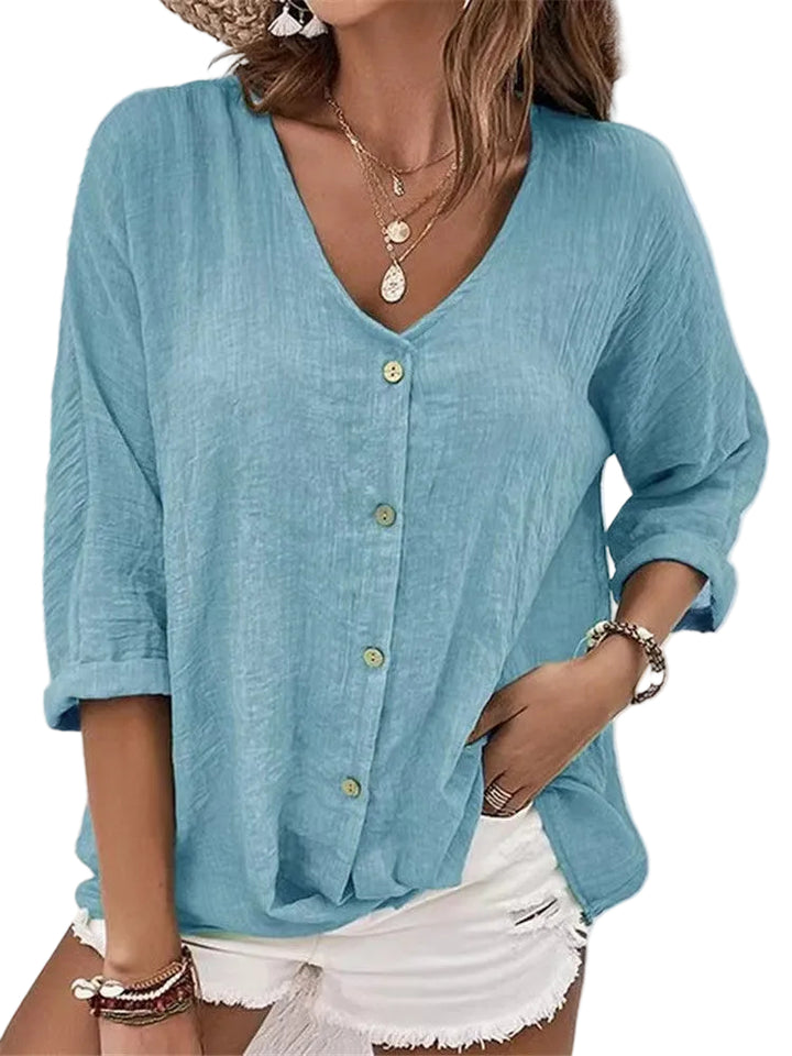 V-neck Long-sleeved T-shirt Fashion Solid Color Button Top Casual Loose Clothing For Women - cas7m