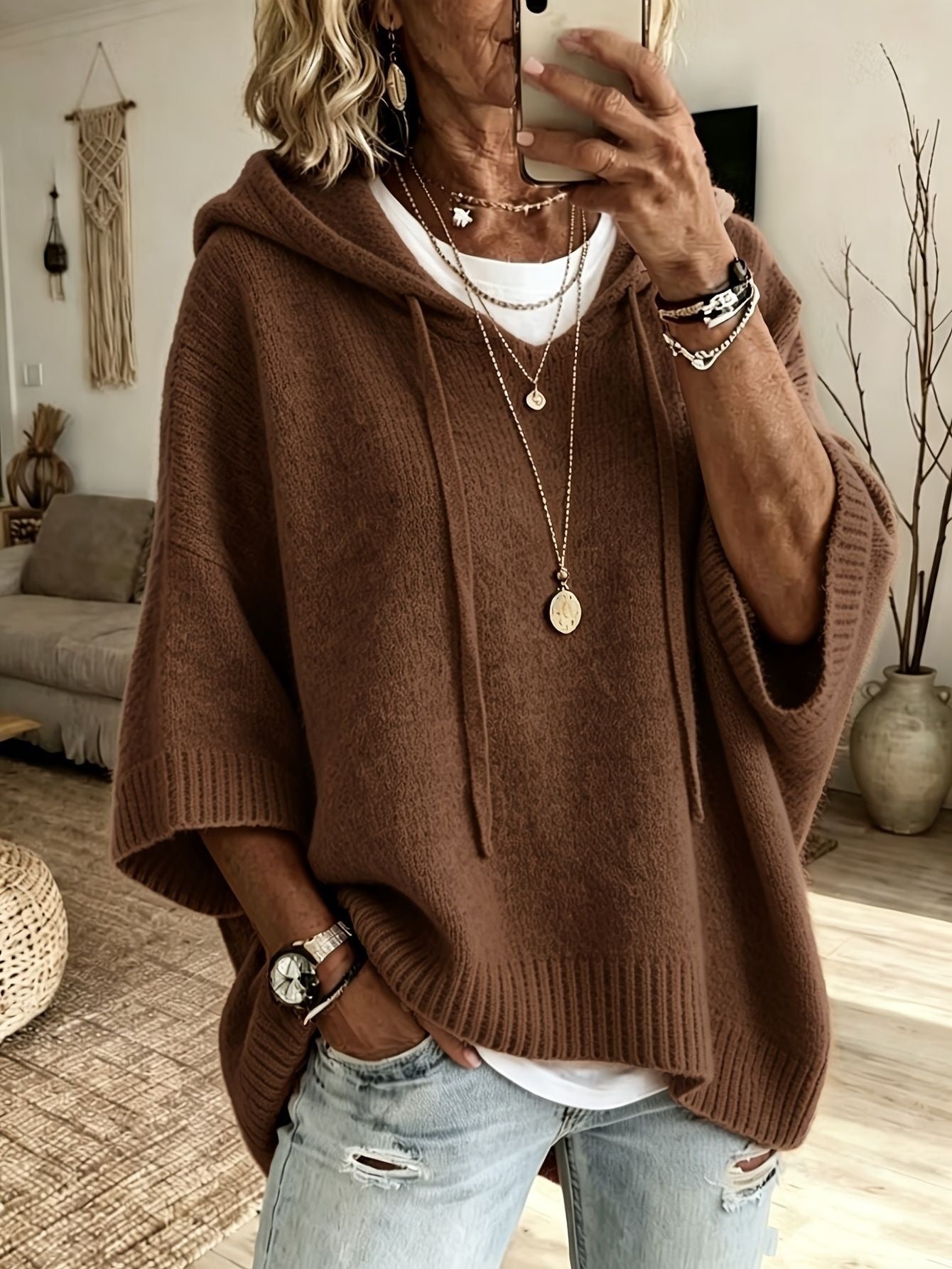 Womens Knitted New-Style Hooded Drawstring Sweater - cas7m