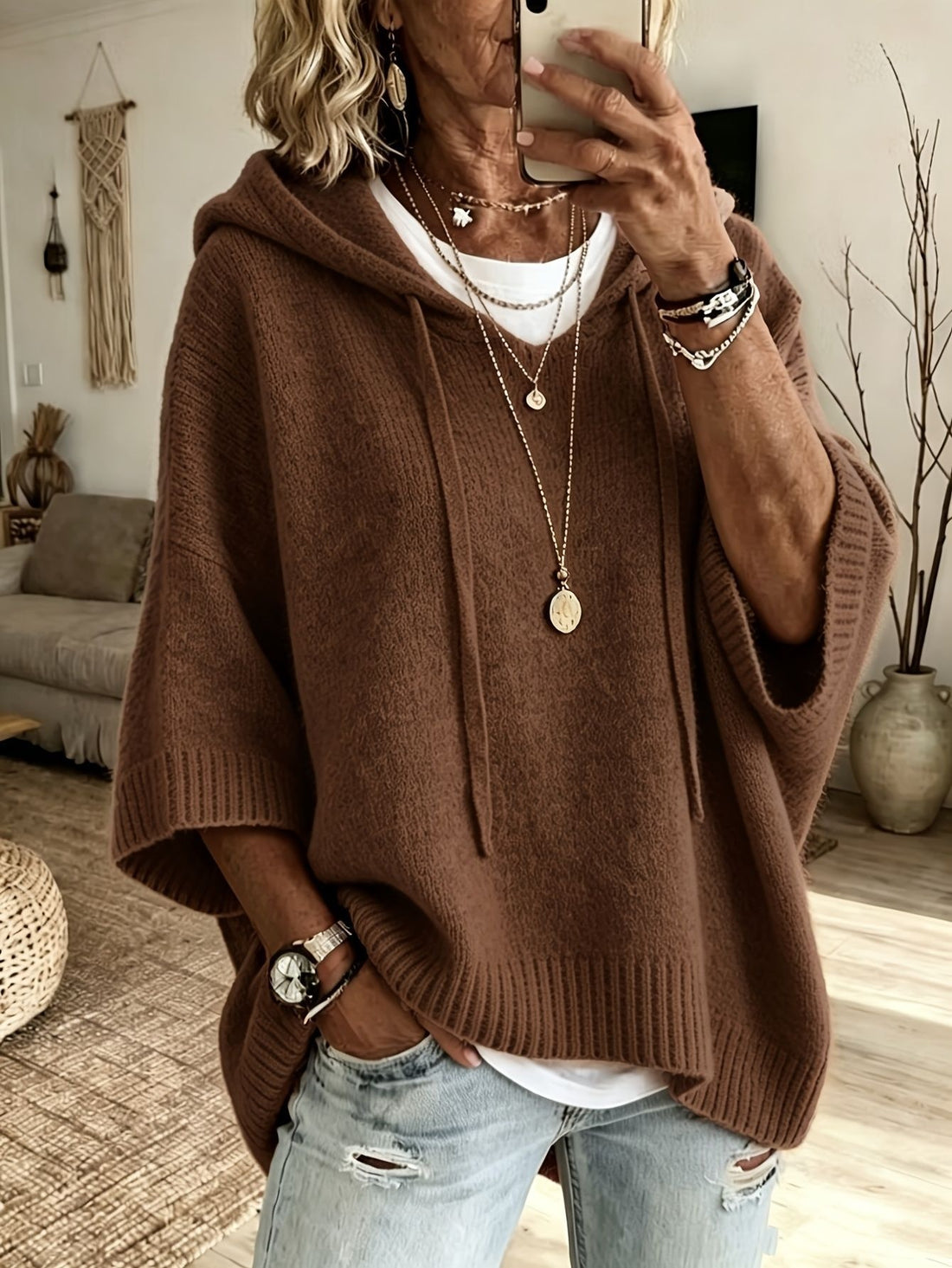 Womens Knitted New-Style Hooded Drawstring Sweater - cas7m