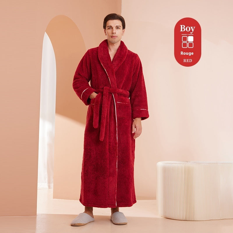 Autumn And Winter Thickened Cotton Velvet Nightgown Men's Winter Plus-sized Plus Size Light Luxury Couple Bathrobe Women's Extended Pajamas - cas7m
