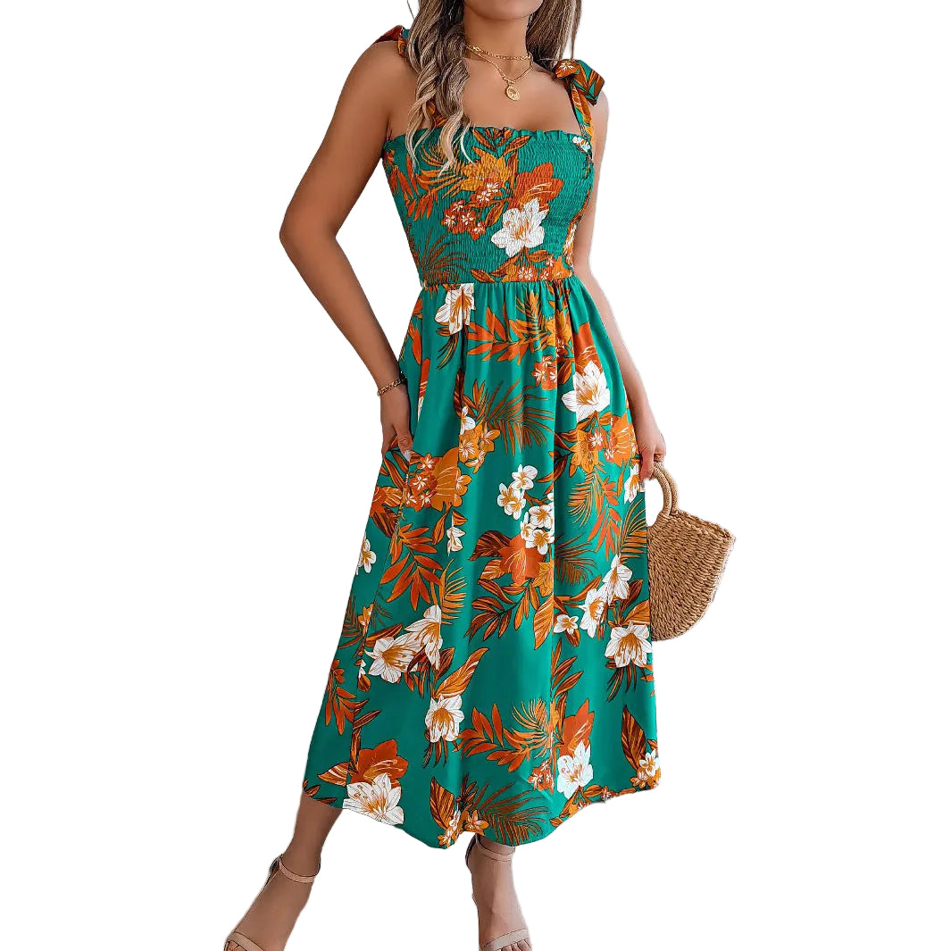 Flowers Print Suspender Corset Dress Ins Fashion Holiday Beach Long Dresses Summer Clothing For Women - cas7m
