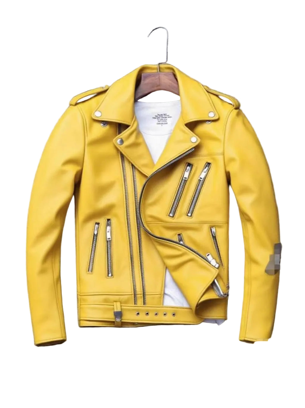 A bright yellow faux leather biker jacket with silver zippers and snap details, displayed on a hanger over a white t-shirt against a gray textured background.