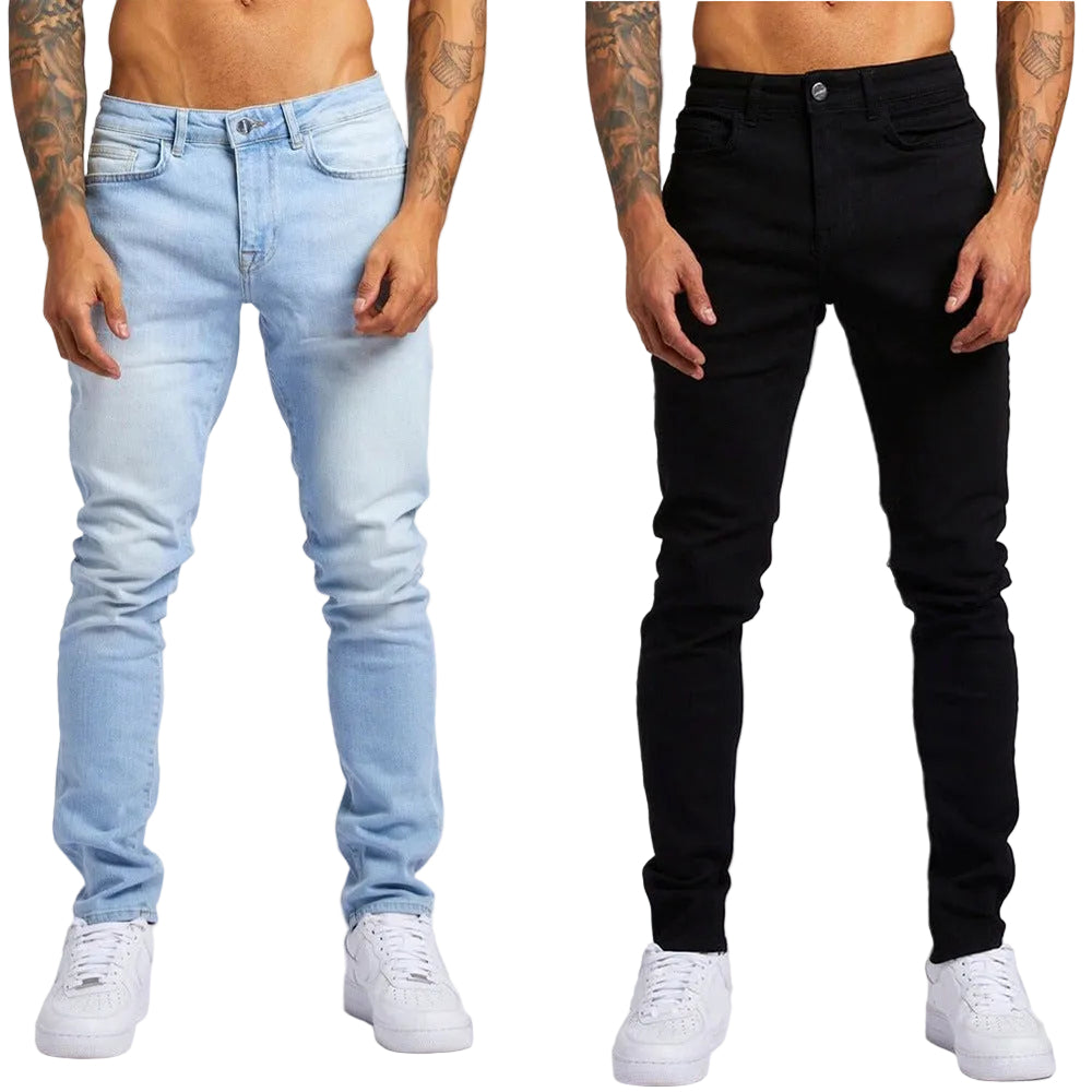 Two models wearing slim-fit skinny jeans, one in light wash blue denim and the other in black denim, standing against a white studio background.
