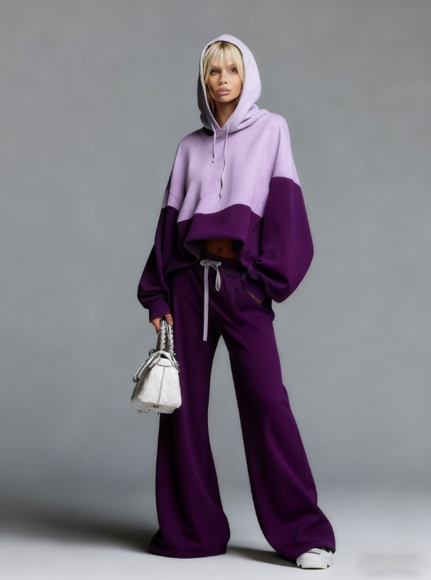 Color-blocked Hoodie And Wide-leg Pants Two-piece Set - cas7m