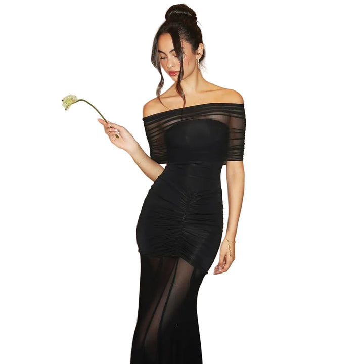 Sexy Off-shoulder Pleated Mesh Dress For Women - cas7m