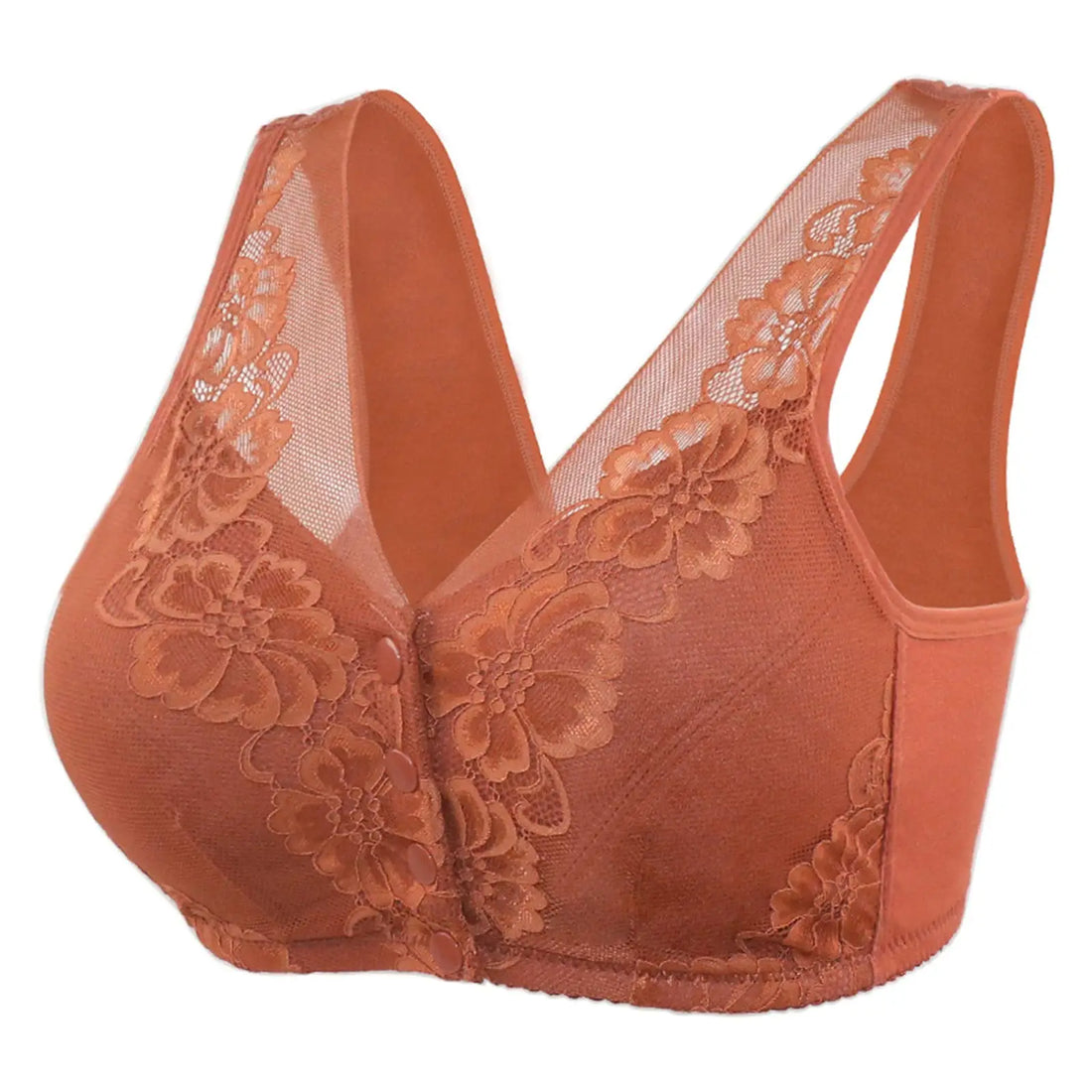 Brown lace bra on a white background