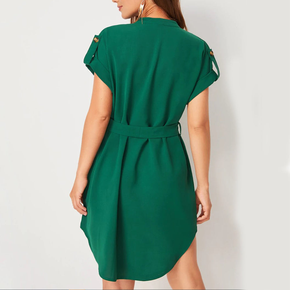 V-neck Short Sleeve Dress With Belt Summer Fashion Bowknot Dresses For Women Clothing - cas7m