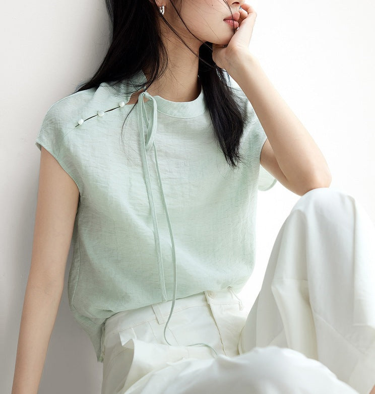 Mint Mamba New Chinese-style Intellectual Artistic Linen Short-sleeve Shirt For Women - cas7m