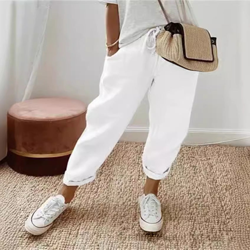Cotton Linen Elastic-waist Cropped Pants Casual Women's Pants - cas7m