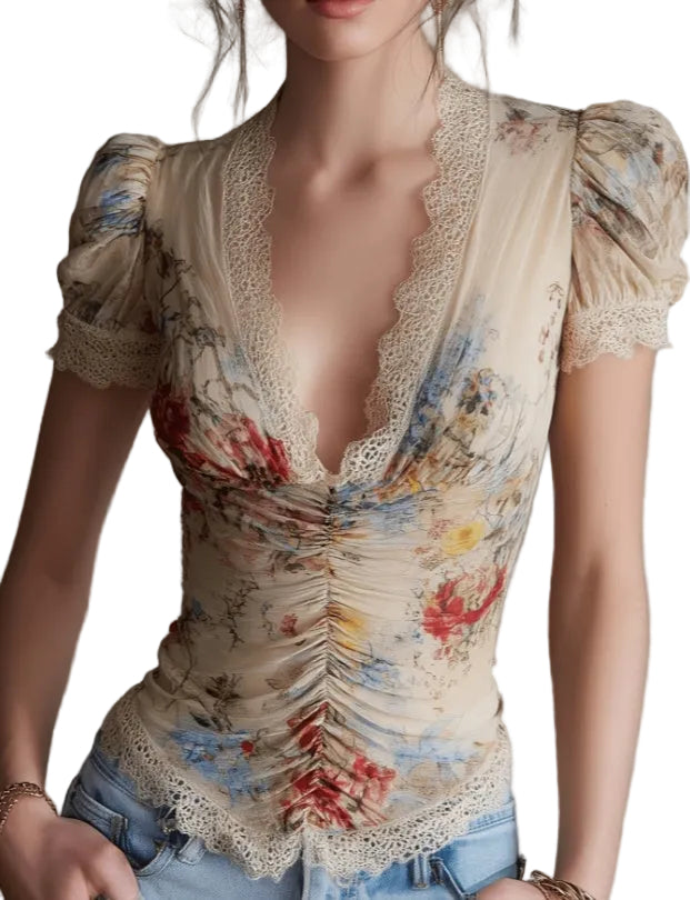 French Retro Style Lace Patchwork Printed Puff Sleeve Top For Women - cas7m