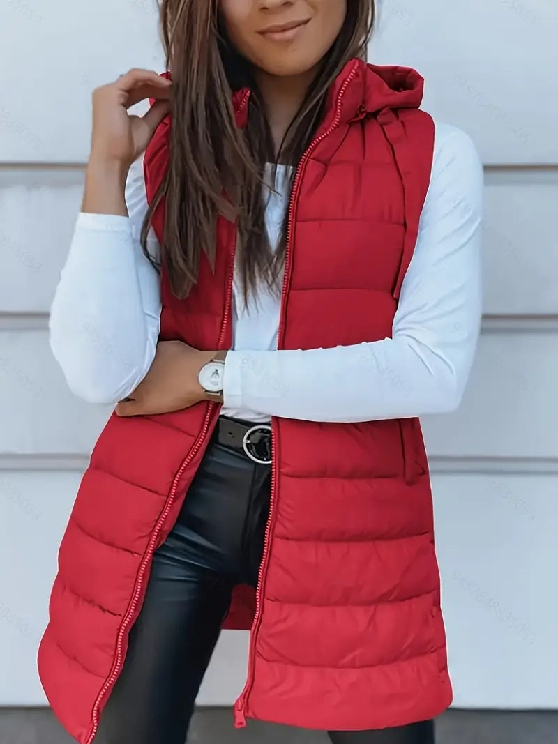 Solid Color Hooded Quilted Zipper Cotton Vest Coat - cas7m