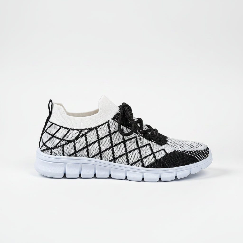 Colorblock Plaid Lace-Up Flyknit Sneakers Ins Mesh Casual Shoes Fashion Breathable Walking Running Sports Shoes For Women - cas7m