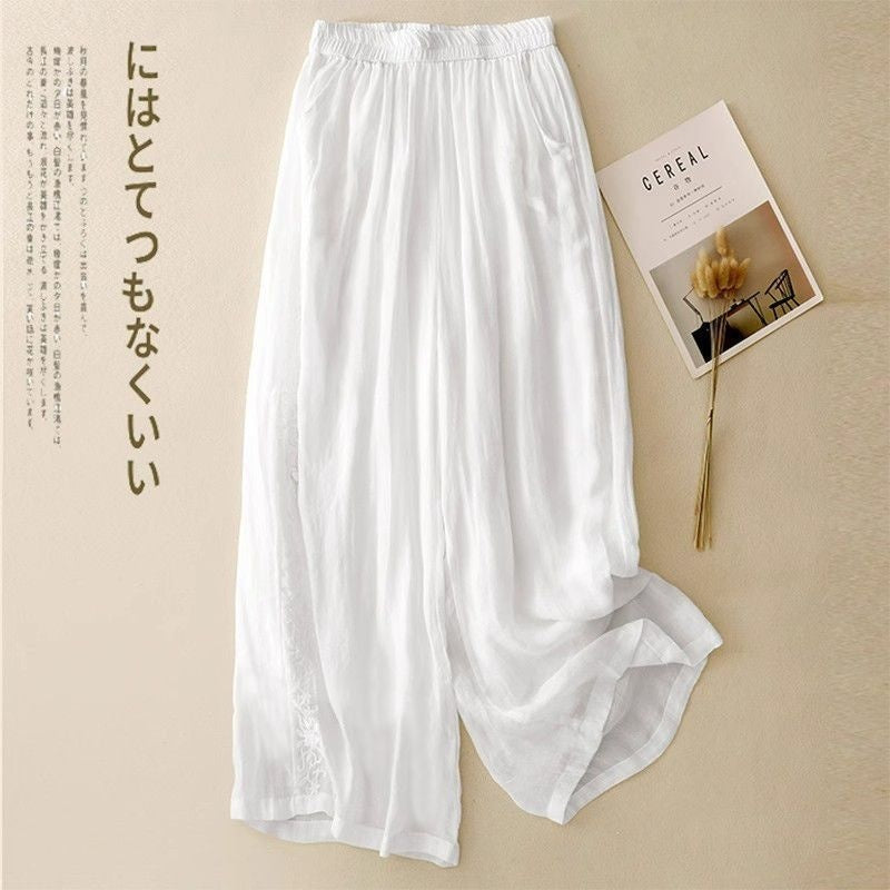 Embroidered Loose-fit Drapey Cotton-linen Pants - cas7m
