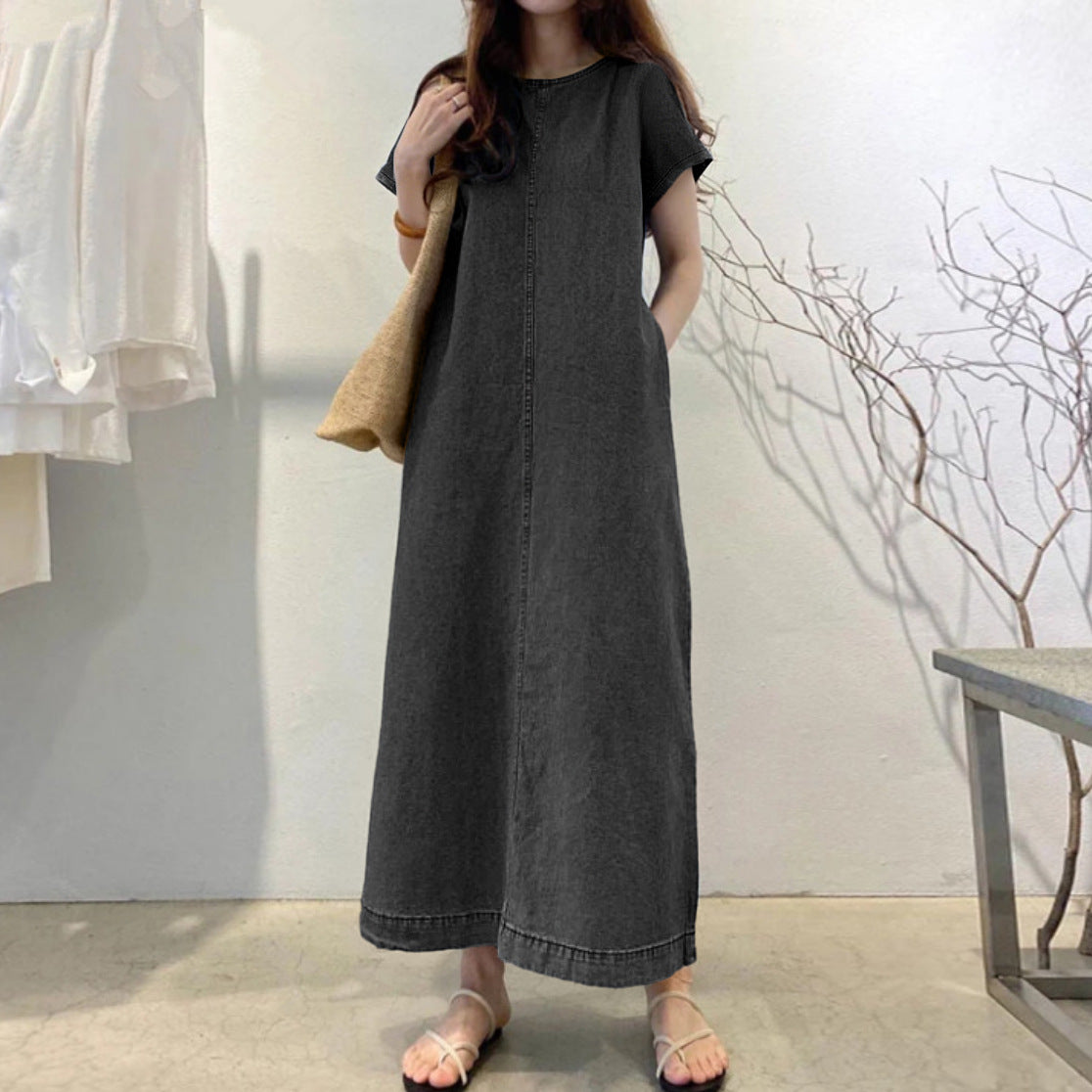 Womens Solid-Color Fashionable Round-Neck Loose-Fit Pocketed Dress - cas7m