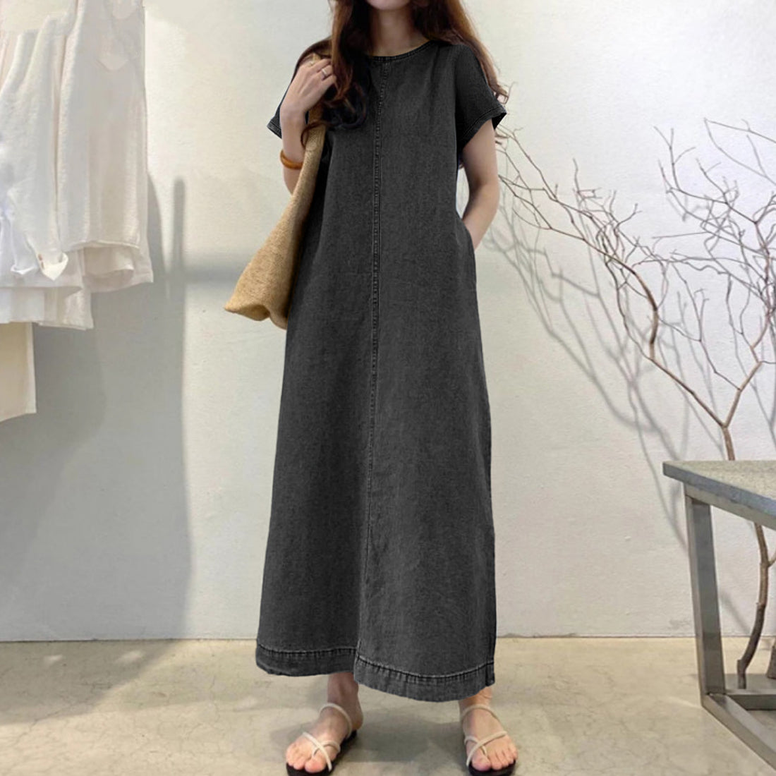 Womens Solid-Color Fashionable Round-Neck Loose-Fit Pocketed Dress - cas7m