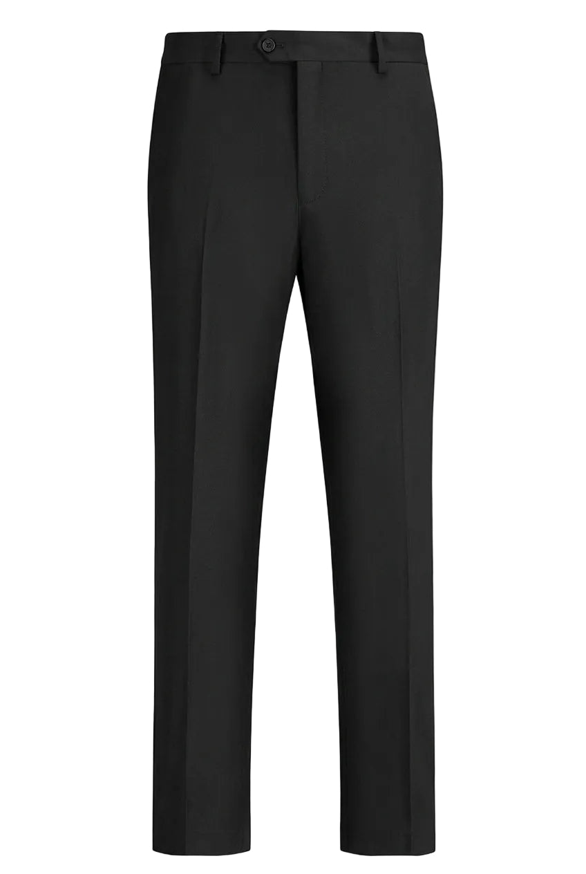 Black pants with upgraded elastic waistband feature on a gray background