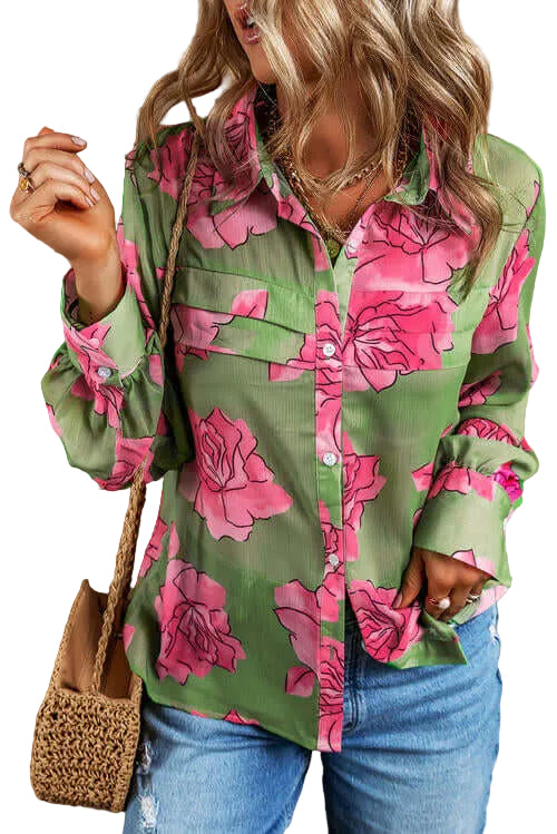 Woman wearing a green floral shirt with pink flowers, holding a woven bag against a beige background.