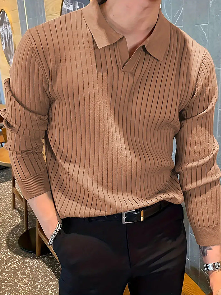 Lapel Texture Stretch Slim Knit Polo Shirt Men Polo Shirt Fashion Waffle Long-sleeved Tops Clothing Casual Comfortable Golf Men's Clothing - cas7m
