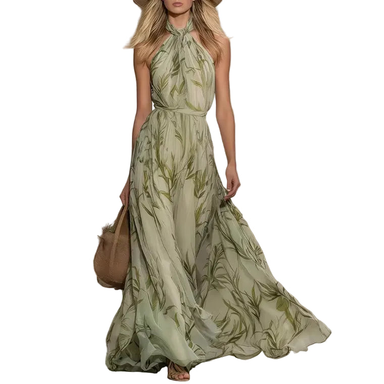 Elegant Leaf-print Off-shoulder Neckline Chiffon Sleeveless Long Dress For Women - cas7m