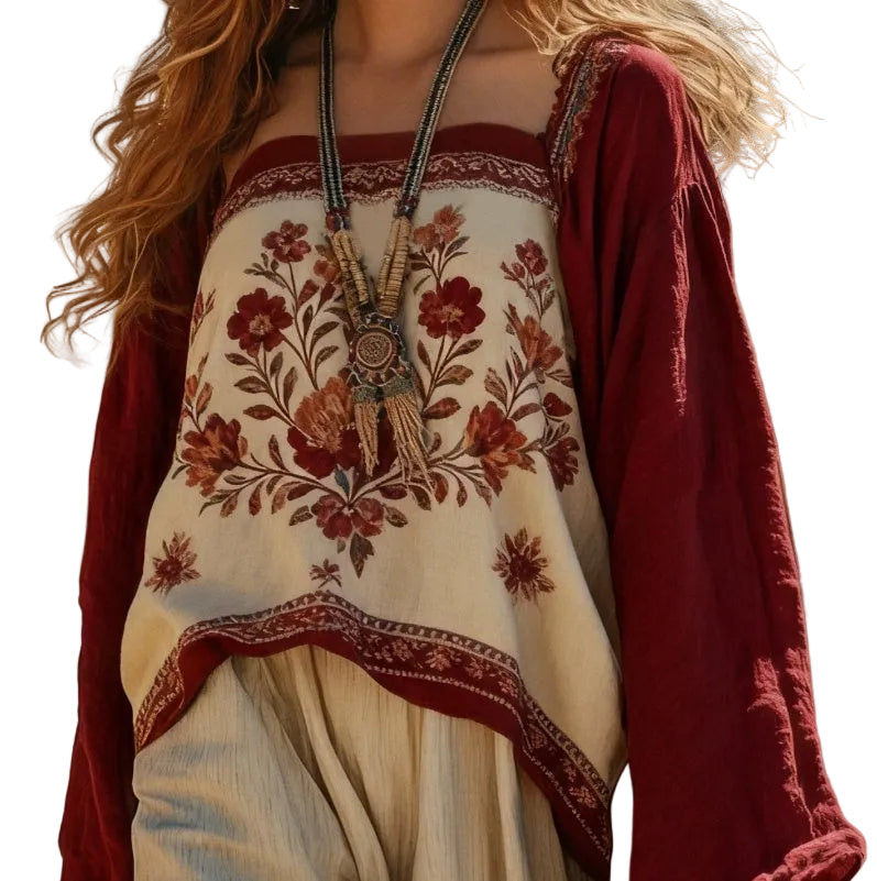 Bohemian Style Embroidered Color-blocked Loose Top For Women - cas7m