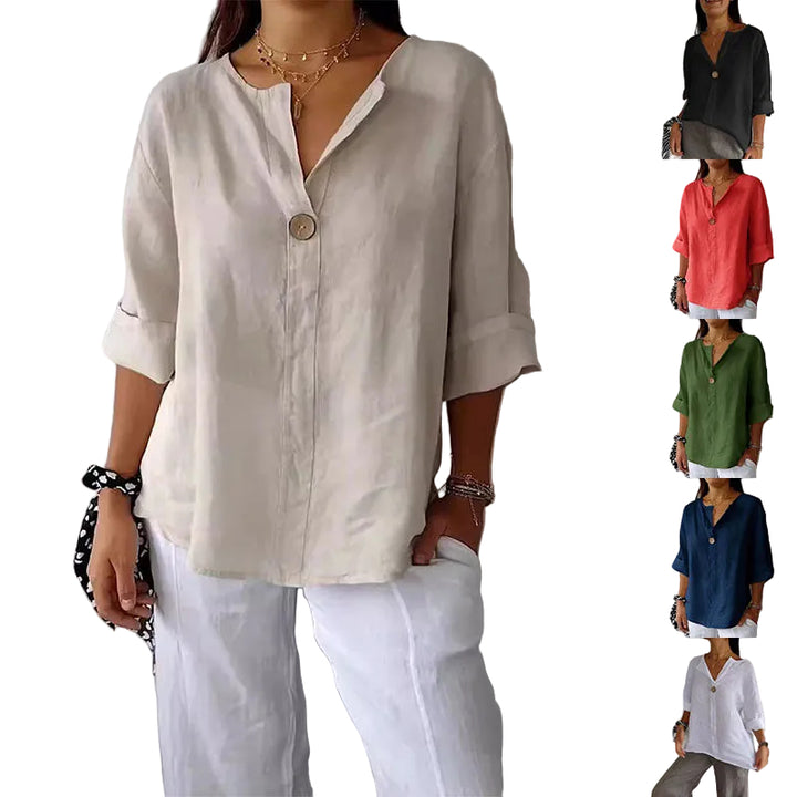 V-neck Long-sleeved T-shirt Fashion Loose Cotton And Linen Button Tops For Women - cas7m