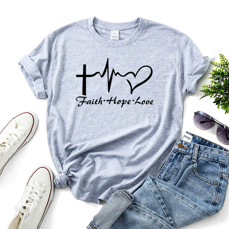 Faith Hope Love Letter Short-sleeved Cotton Bottoming Shirt - cas7m