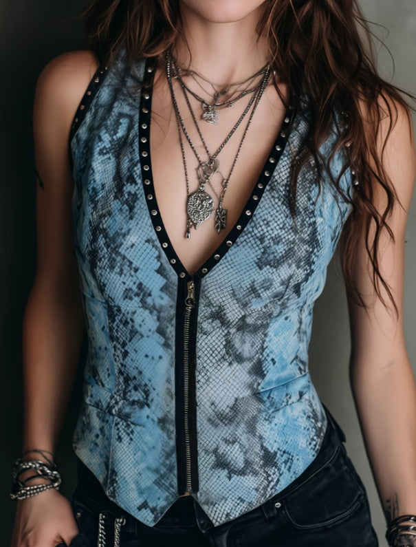 Women's V-neck Zipper Sleeveless Slim-fit Short Vest - cas7m