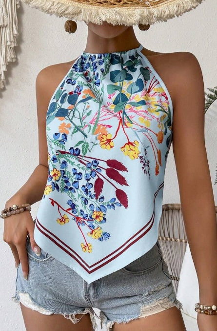 Printed Notched Neck Sleeveless Tank Top - cas7m