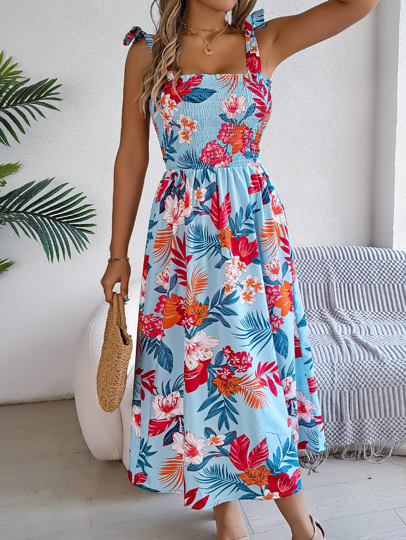 Flowers Print Suspender Corset Dress Ins Fashion Holiday Beach Long Dresses Summer Clothing For Women - cas7m