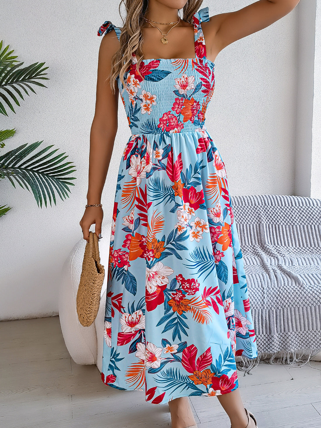 Flowers Print Suspender Corset Dress Ins Fashion Holiday Beach Long Dresses Summer Clothing For Women - cas7m