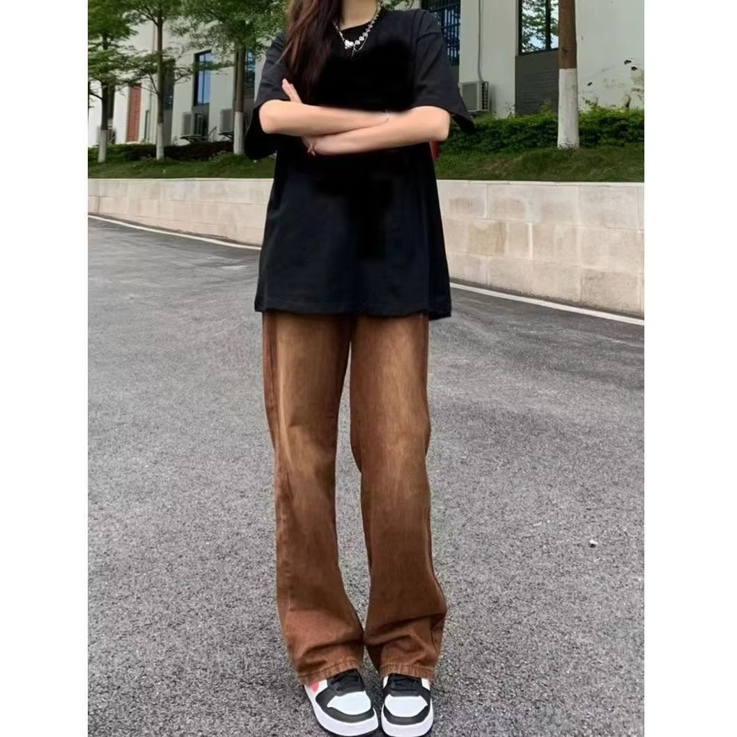 American Retro Brown Straight-leg Denim Pants - cas7m