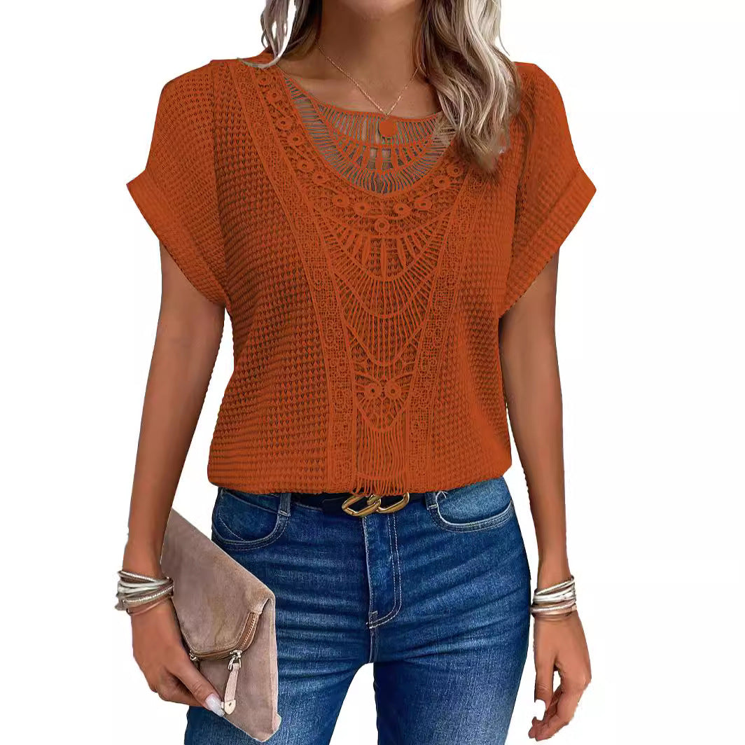 Independent Site Hollowed Lace Patchwork Plus-size Short-sleeve T-shirt Cross-border - cas7m