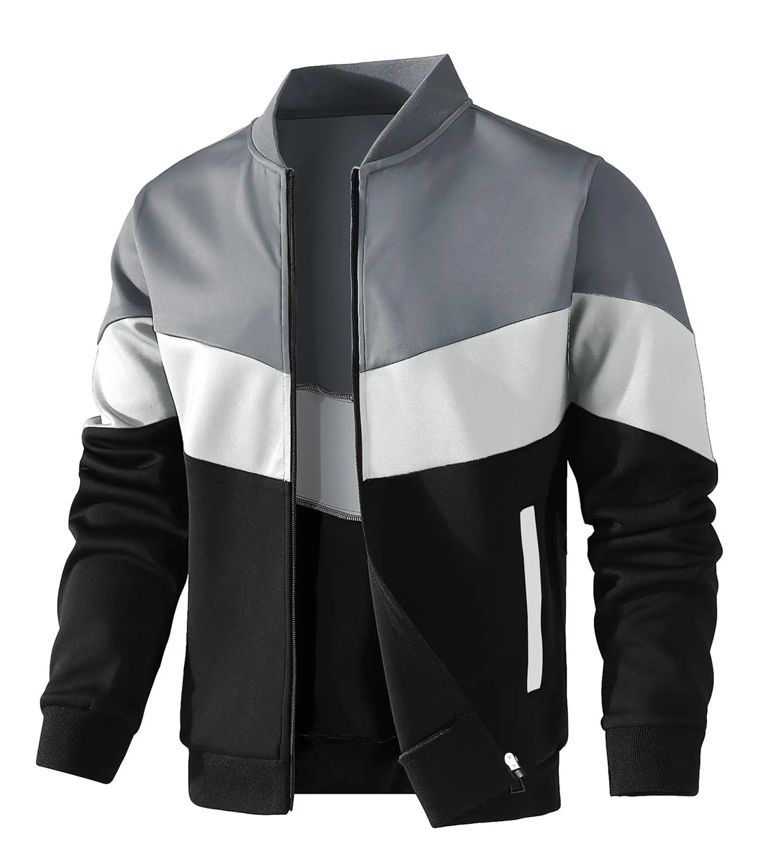 Color-blocked jacket with gray, white, and black sections on a white background