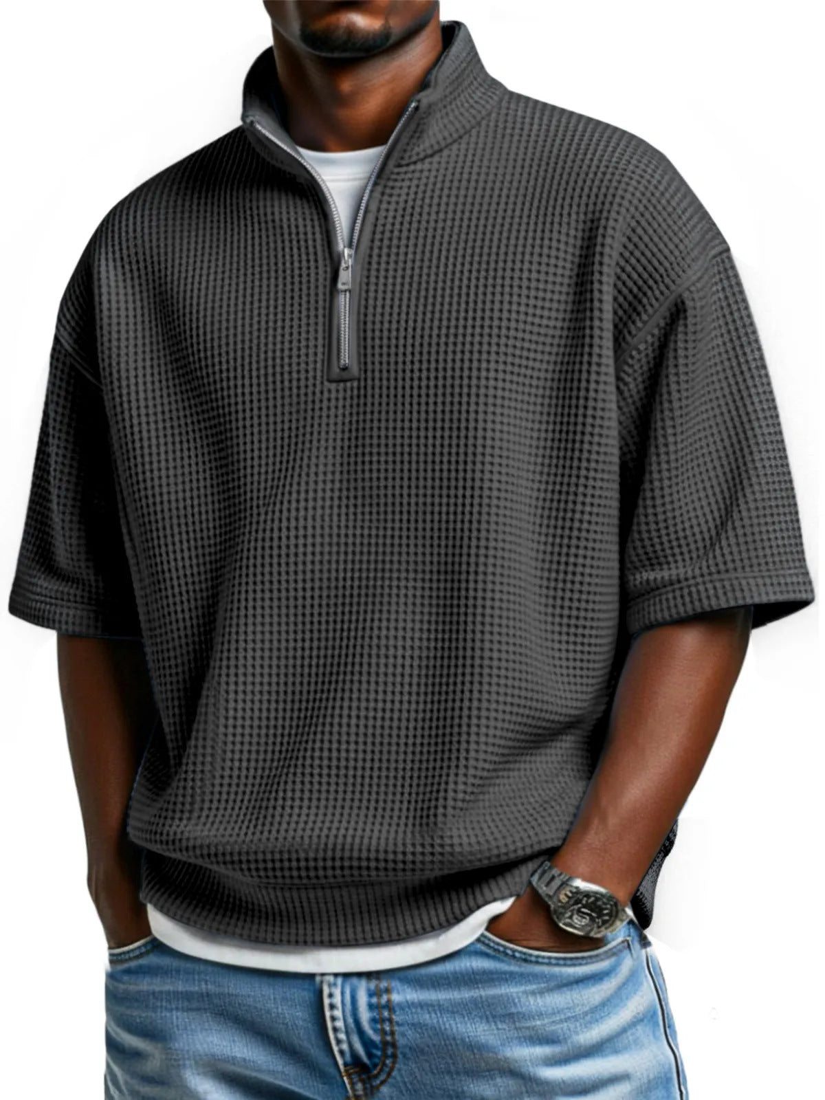 Waffle-knit Short-sleeve Polo Shirt For Men Loose-fitting Half-zip T-shirt - cas7m