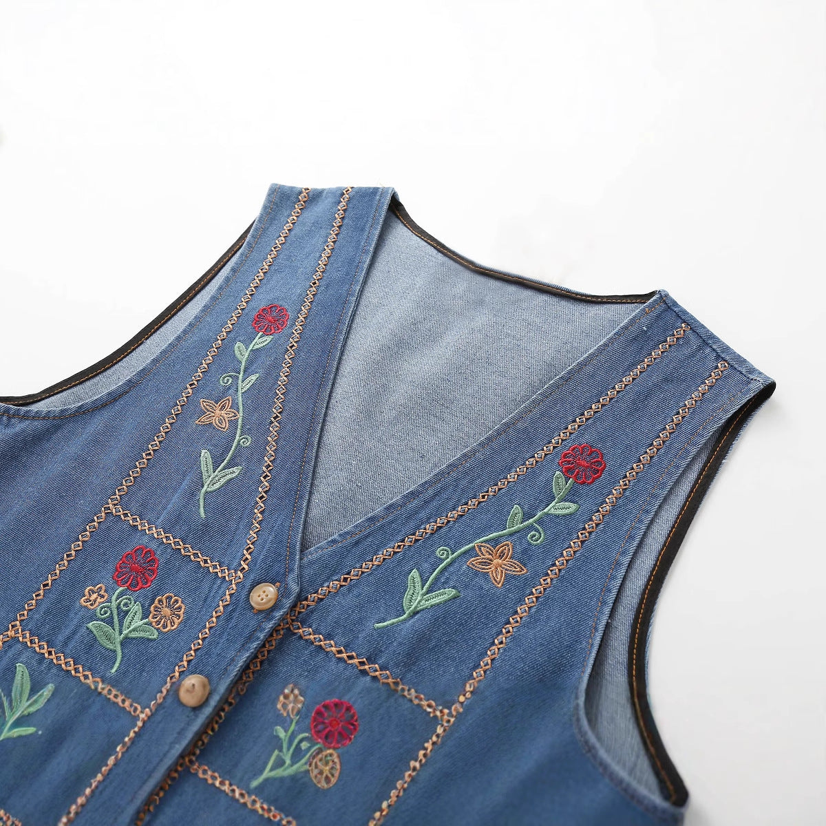 Heavy-Duty Embroidered Ethnic-Style V-Neck Denim Vest - cas7m