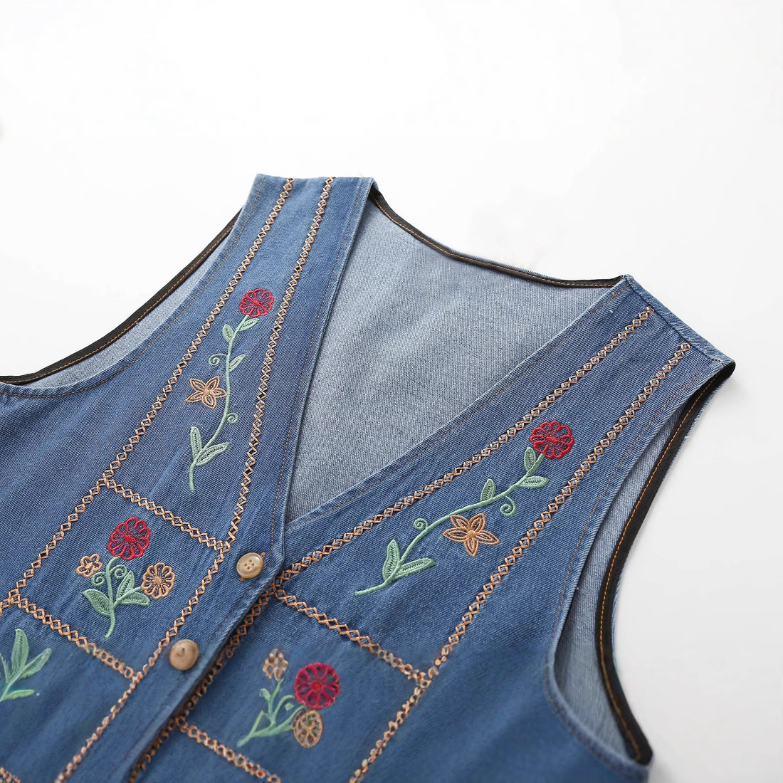 Heavy-Duty Embroidered Ethnic-Style V-Neck Denim Vest - cas7m