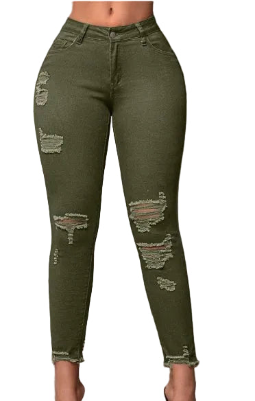 Women's Ripped Slim Fit Nine-Point Denim Jeans - cas7m