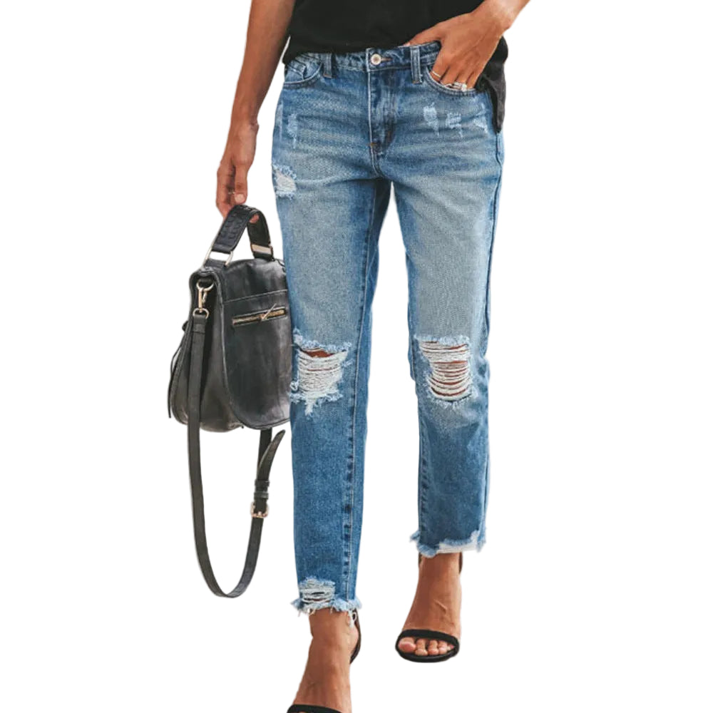 Women's Ripped Non-elastic Retro Fashion Jeans - cas7m