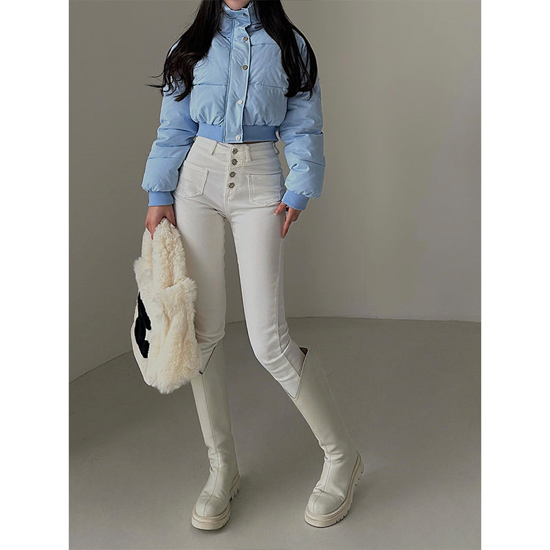 Hot Girl Fashionable Stand Collar Zipper Elastic And Waisted Warm Quilted Jacket Short Cotton Coat Women - cas7m