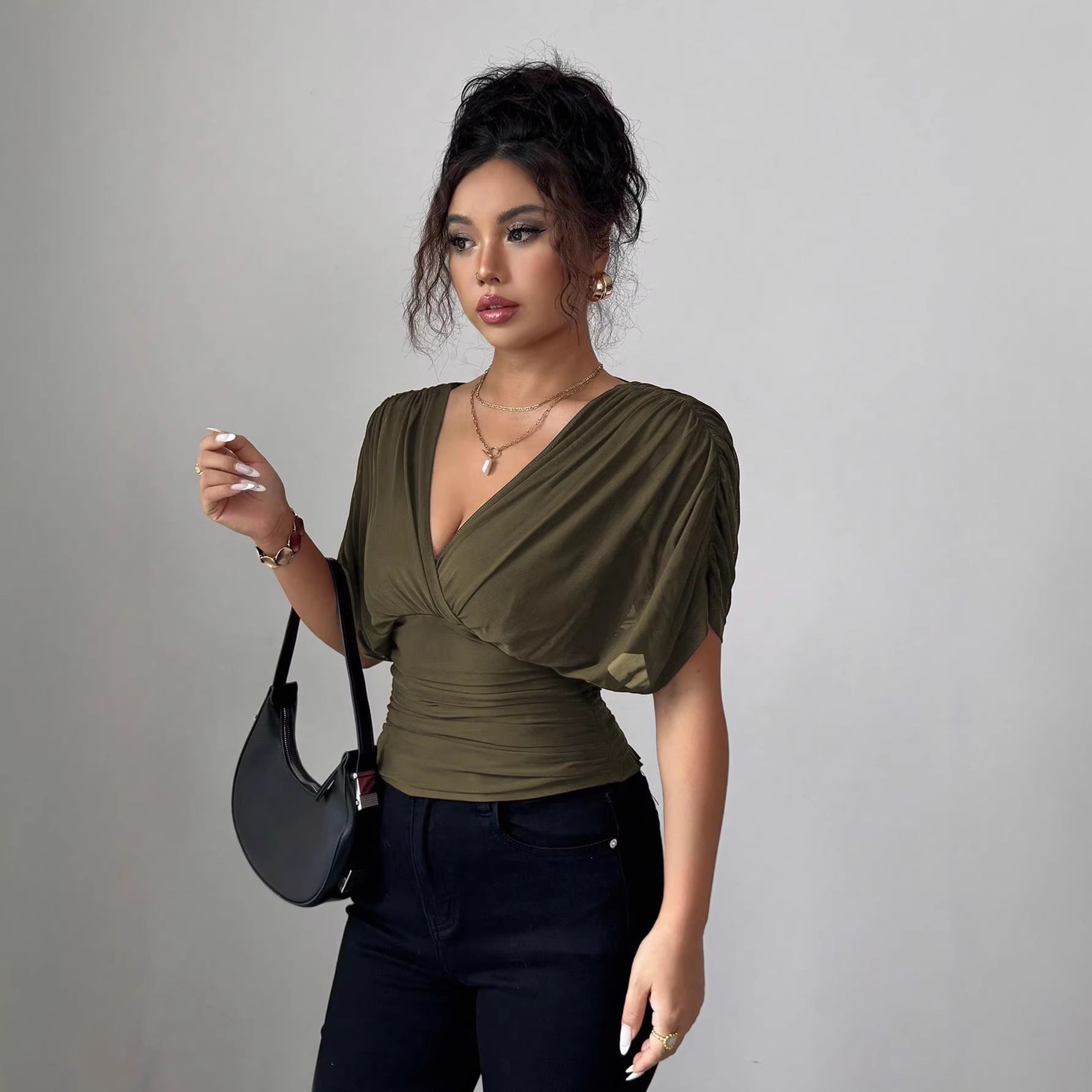 Solid-color Deep V-neck Short-sleeve Waist-cinching Top For Women - cas7m
