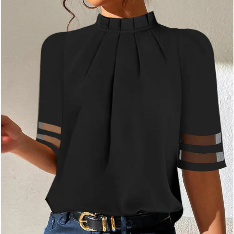Pure Black Pleated Small Turtleneck Fashion Top - cas7m