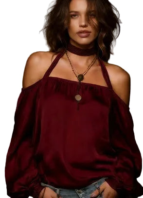 Halter Neck Off-shoulder Puff Sleeve Top For Women - cas7m