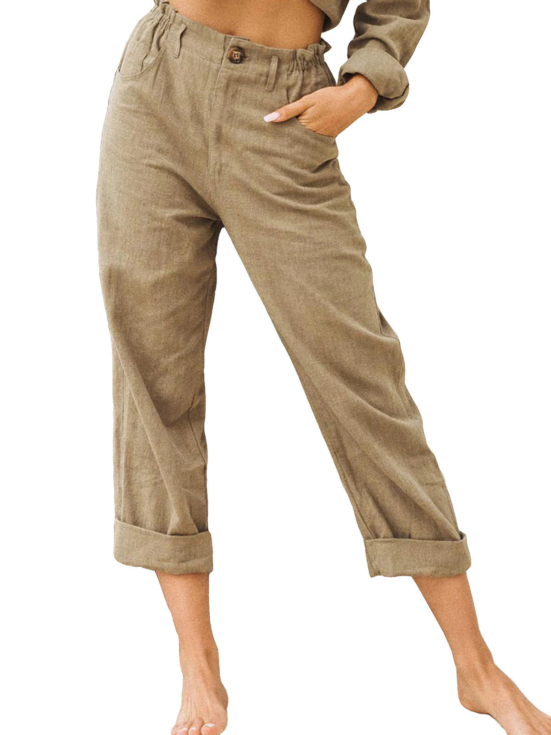 Patchwork Pant Women's Cotton Linen Pants Drawstring Back Elastic Waist Pants Loose Casual Trousers - cas7m