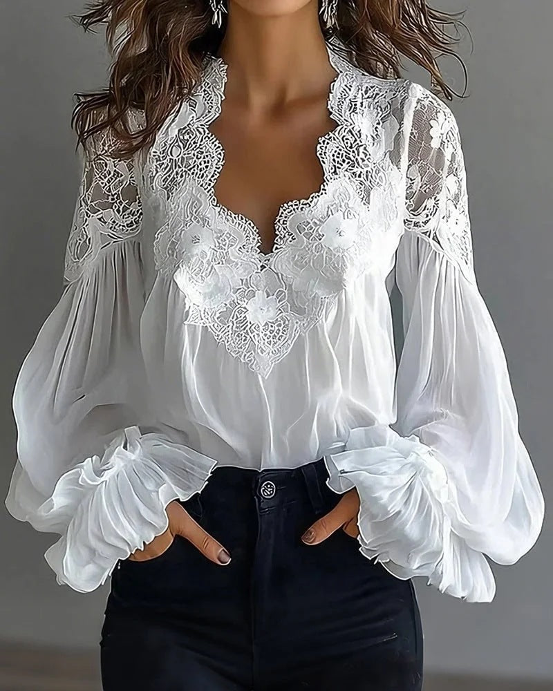 Ins Puff-sleeved Blouse Fashion Elegant Ruffle Pleated Long-sleeved Top Womens Clothing - cas7m