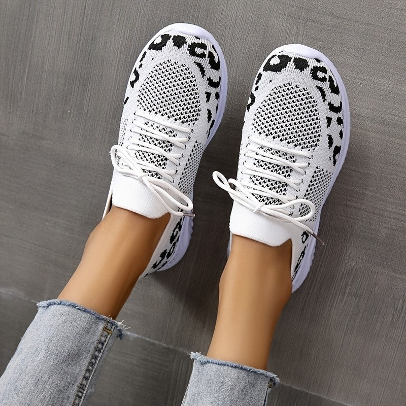 White Shoes Women Leopard Print Lace-up Sneakers Sports - cas7m