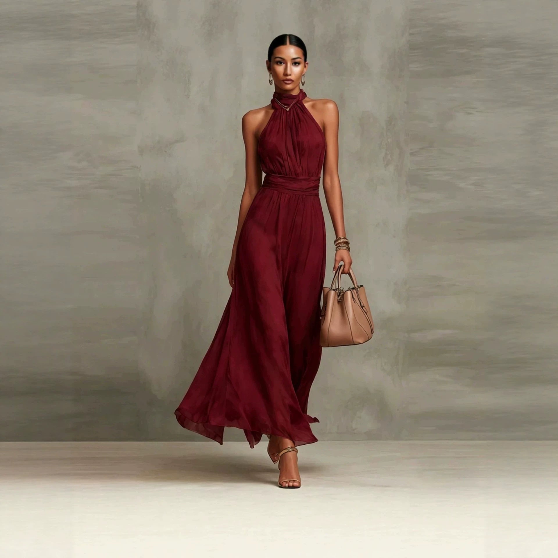 Resort-style Waist-cinching Figure-flattering Pleated Dress - cas7m